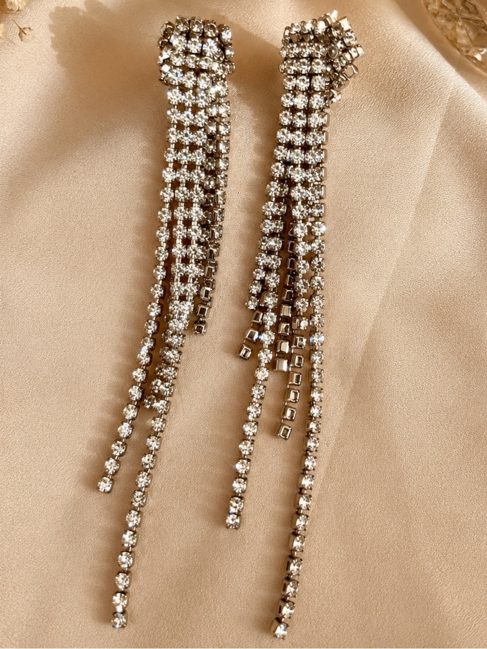 Clip-On Silver Rhinestone Tassel Earrings Statement Evening Earrings